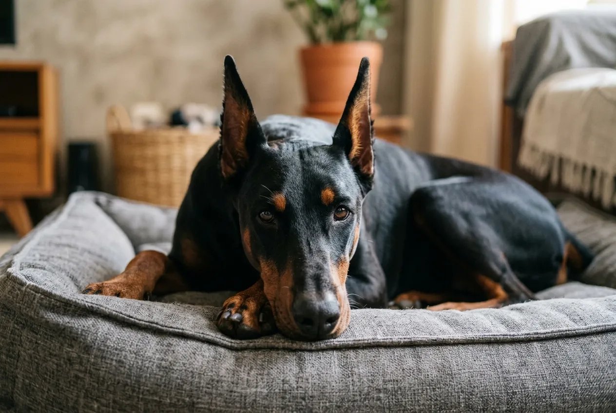 Dobermann hembra adulta, de orejas erguidas, tumbada en una camita gris en la sala, con la cabeza apoyada en las patas