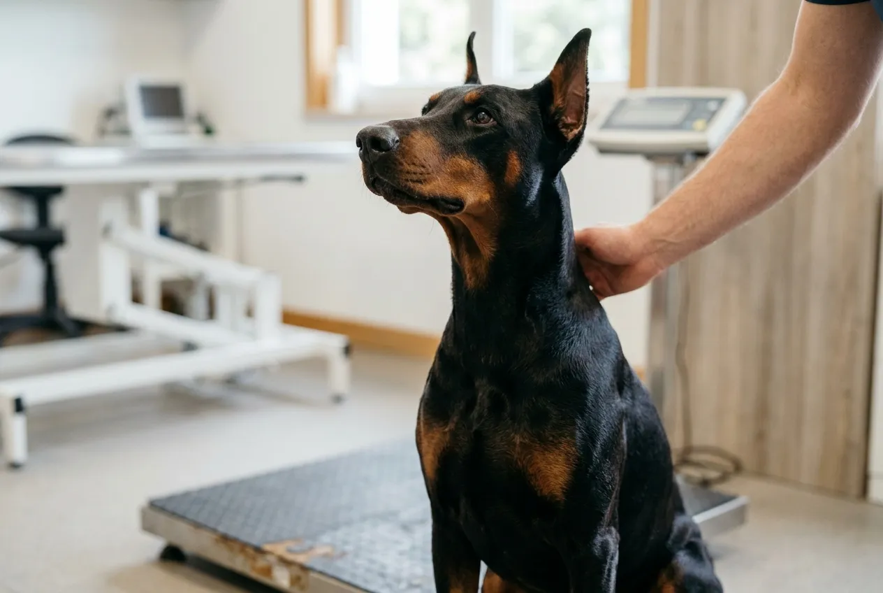 Dobermann adulto, de orejas erguidas, sentado en la balanza de piso de un consultorio veterinario mientras le acarician el cuello