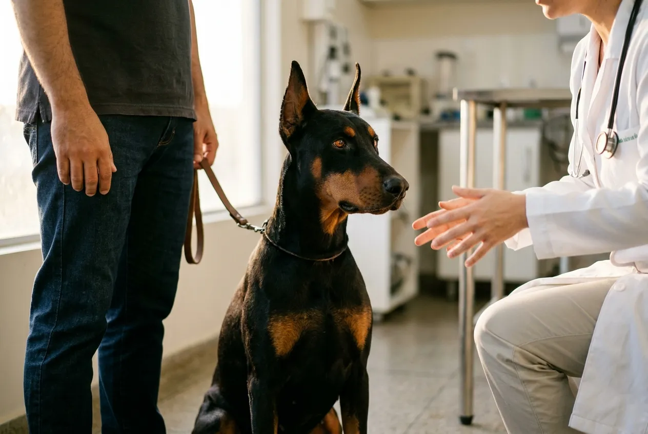 Dobermann adulto, de orejas erguidas, sentado en el consultorio entre el tutor y la veterinaria de bata blanca, que gesticula mientras explica