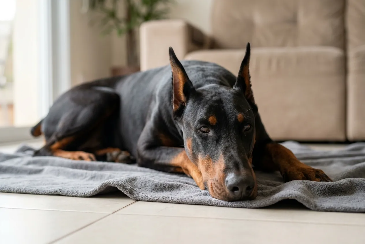 Doberman adulto preto e castanho deitado quieto sobre uma manta cinza no chão da sala, com o queixo apoiado nas patas e o olhar cansado