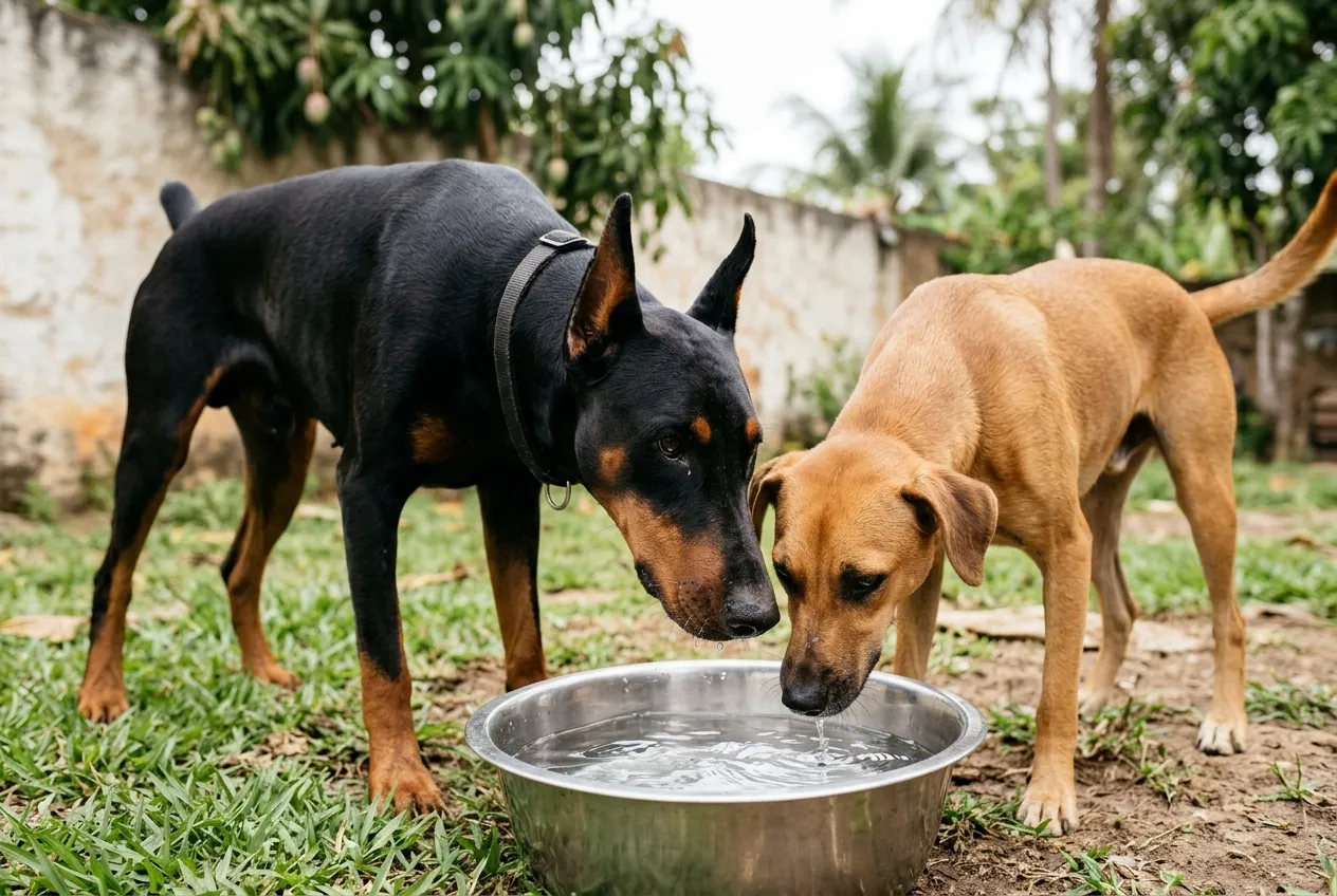 Doberman adulto e um vira-lata caramelo bebendo água do mesmo pote de inox num quintal gramado