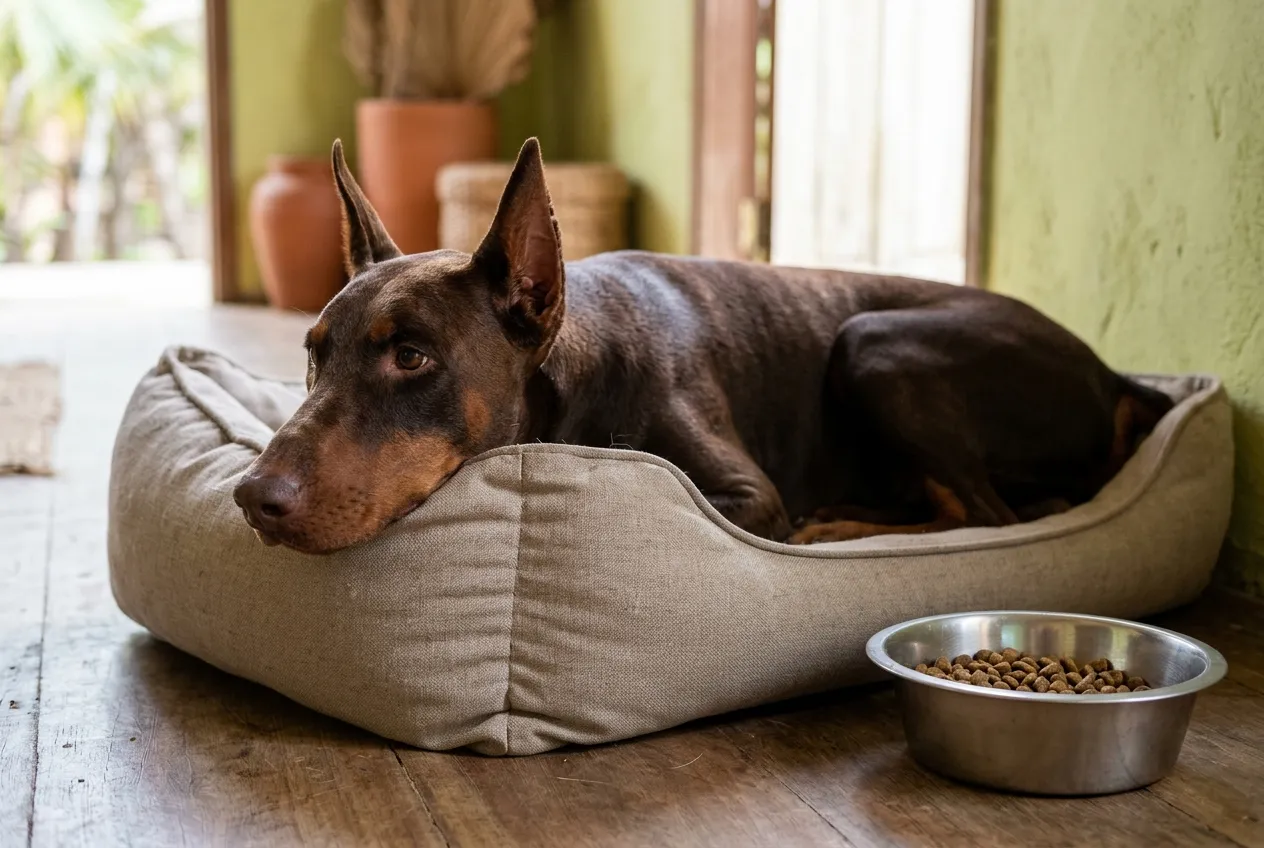 Doberman adulto marrom deitado numa caminha com a cabeça baixa, ao lado de um pote de ração cheio e intocado