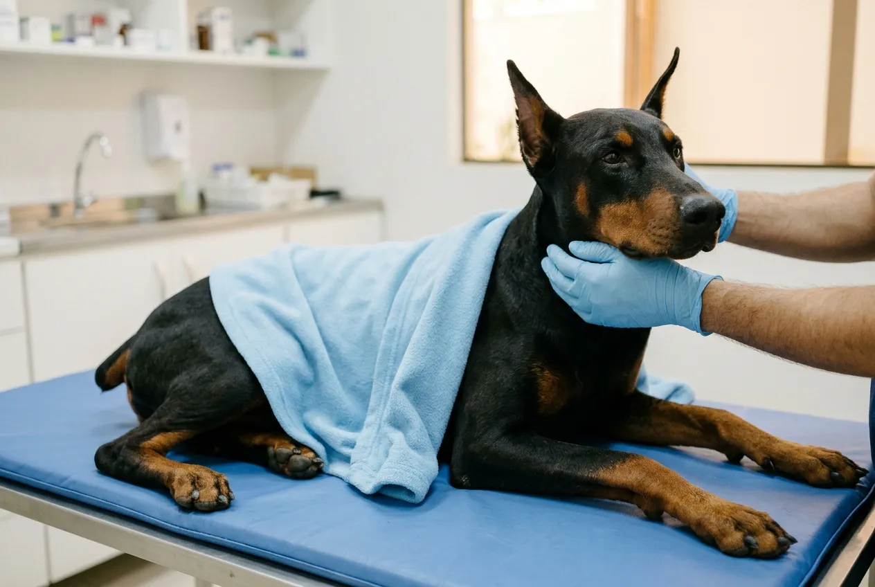 Doberman adulto deitado sob uma manta numa mesa forrada de clínica, recebendo carinho de mãos com luvas azuis