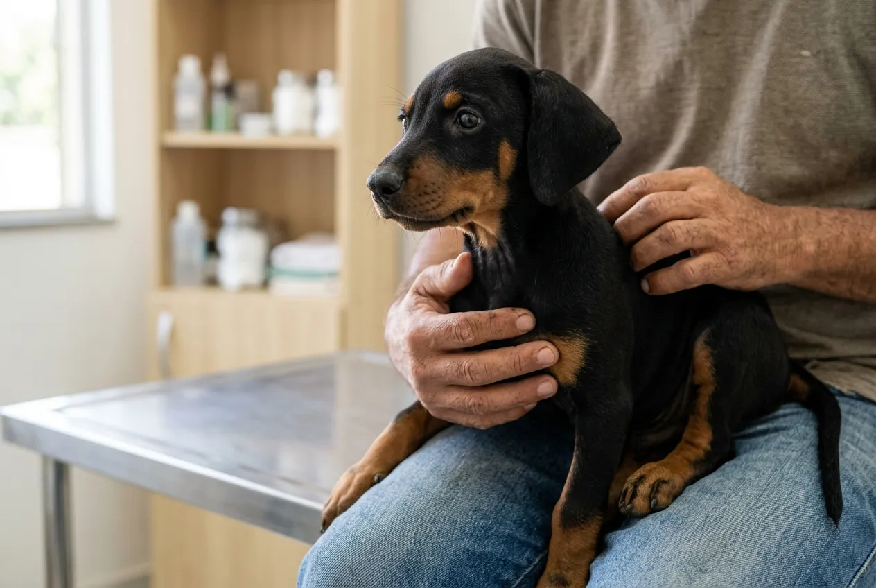 Filhote de Doberman de orelhas caídas sentado no colo de uma pessoa num consultório veterinário, seguro por duas mãos