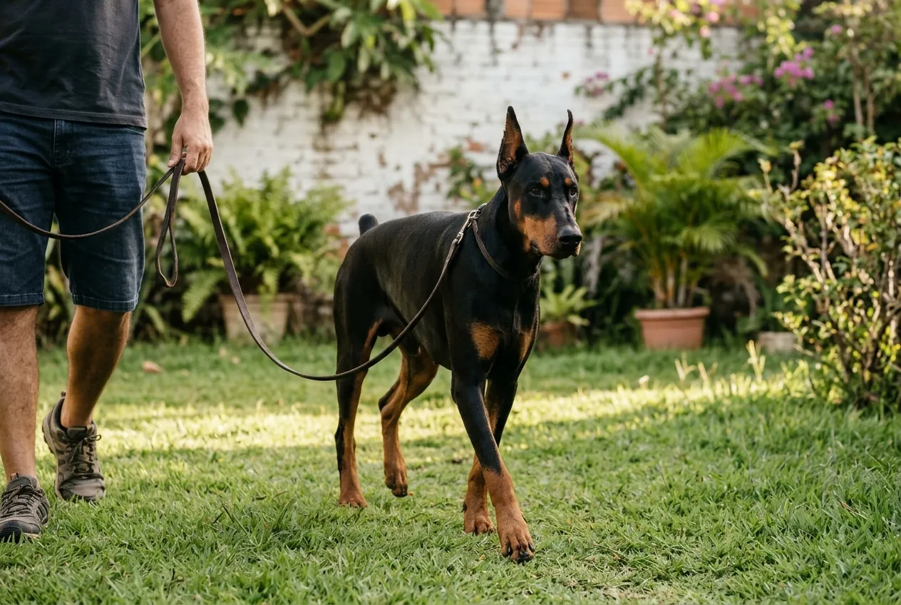 Doberman adulto caminhando devagar na grama do quintal ao lado do tutor, de quem só aparecem as pernas
