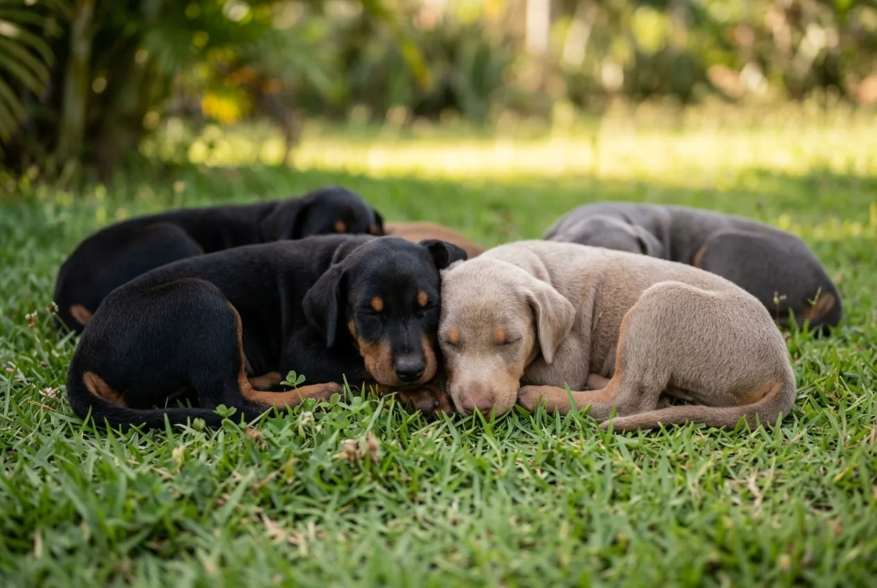 Dois filhotes de Doberman de orelhas naturais lado a lado no gramado, um de pelagem preta e outro de pelagem azul.