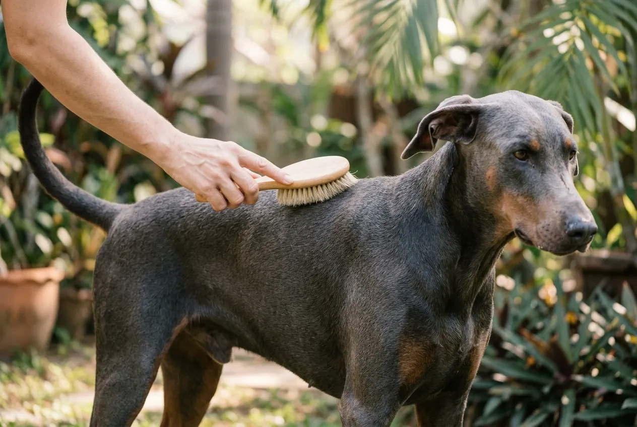 Mão penteando com carinho as costas de um cão Doberman de cor azul e orelhas naturais em um quintal ensolarado.