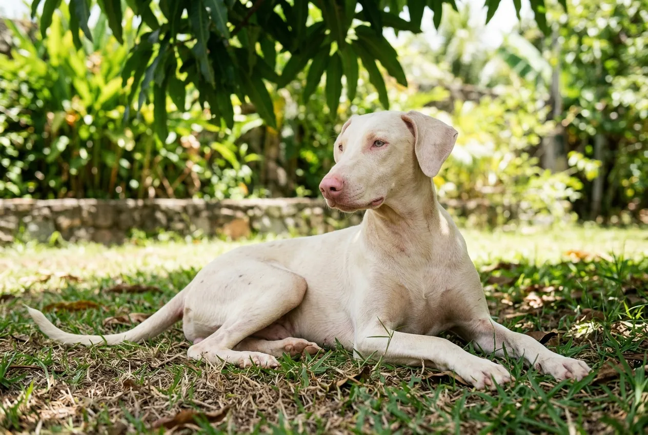 Doberman albino de pelagem creme quase branca, nariz rosado e olhos claros, deitado à sombra de uma árvore no jardim