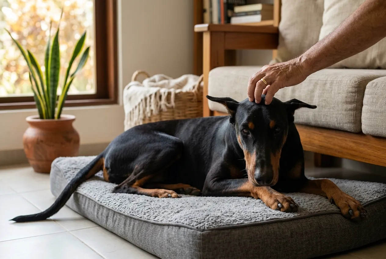 Natural-eared Doberman lying on a soft bed indoors while being petted on the head.