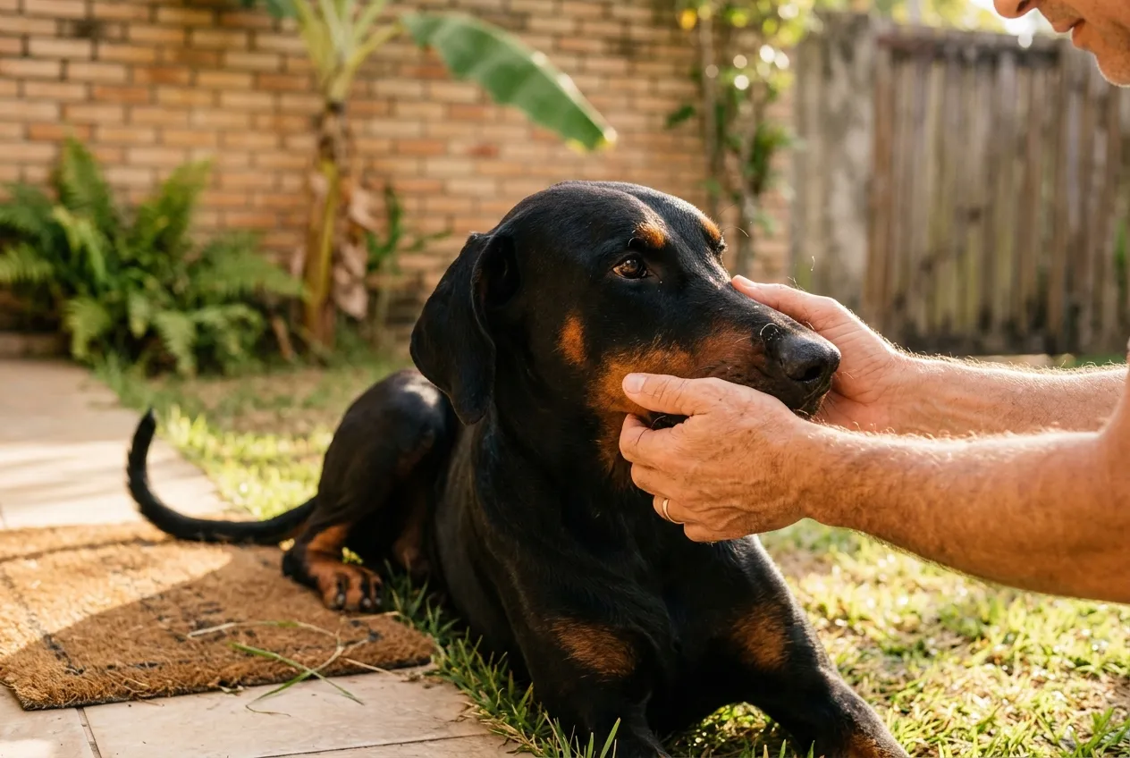 Doberman with natural ears receiving affection on its snout from a person in a sunny backyard