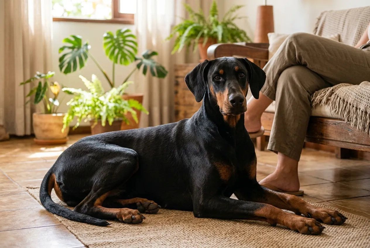 Doberman with natural ears lying on a wooden living room floor next to a person.