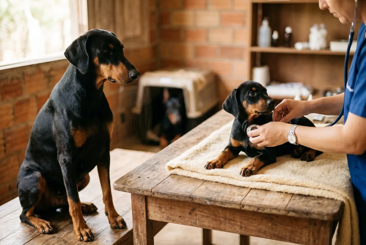Veterinarian examines a natural-eared Doberman puppy on a table while an adult dog watches in the background.