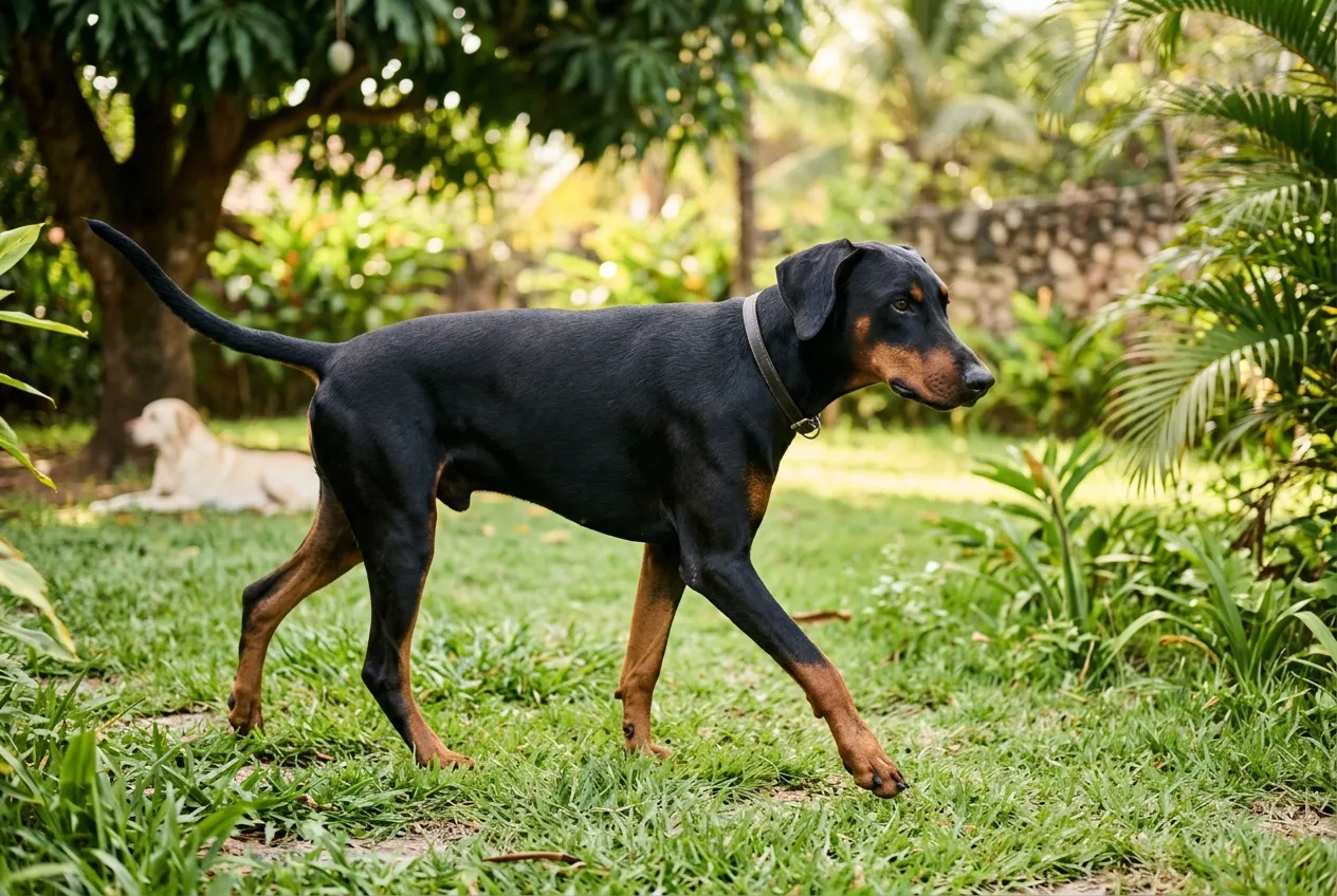 Black and tan Doberman with natural ears on sunny grass, with a light-colored dog in the background shade.
