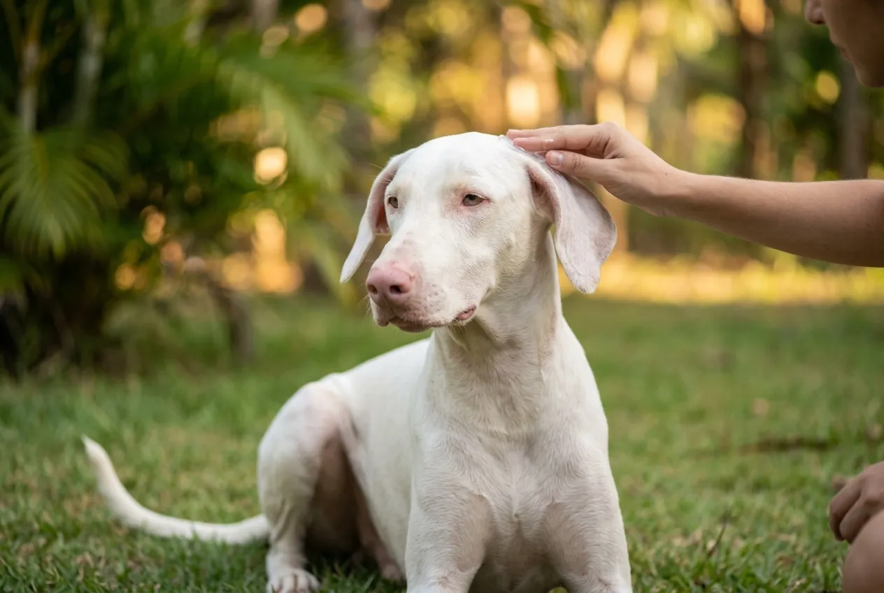 Person applying sunscreen to the nose of a white Doberman with natural ears under the shade in a backyard.