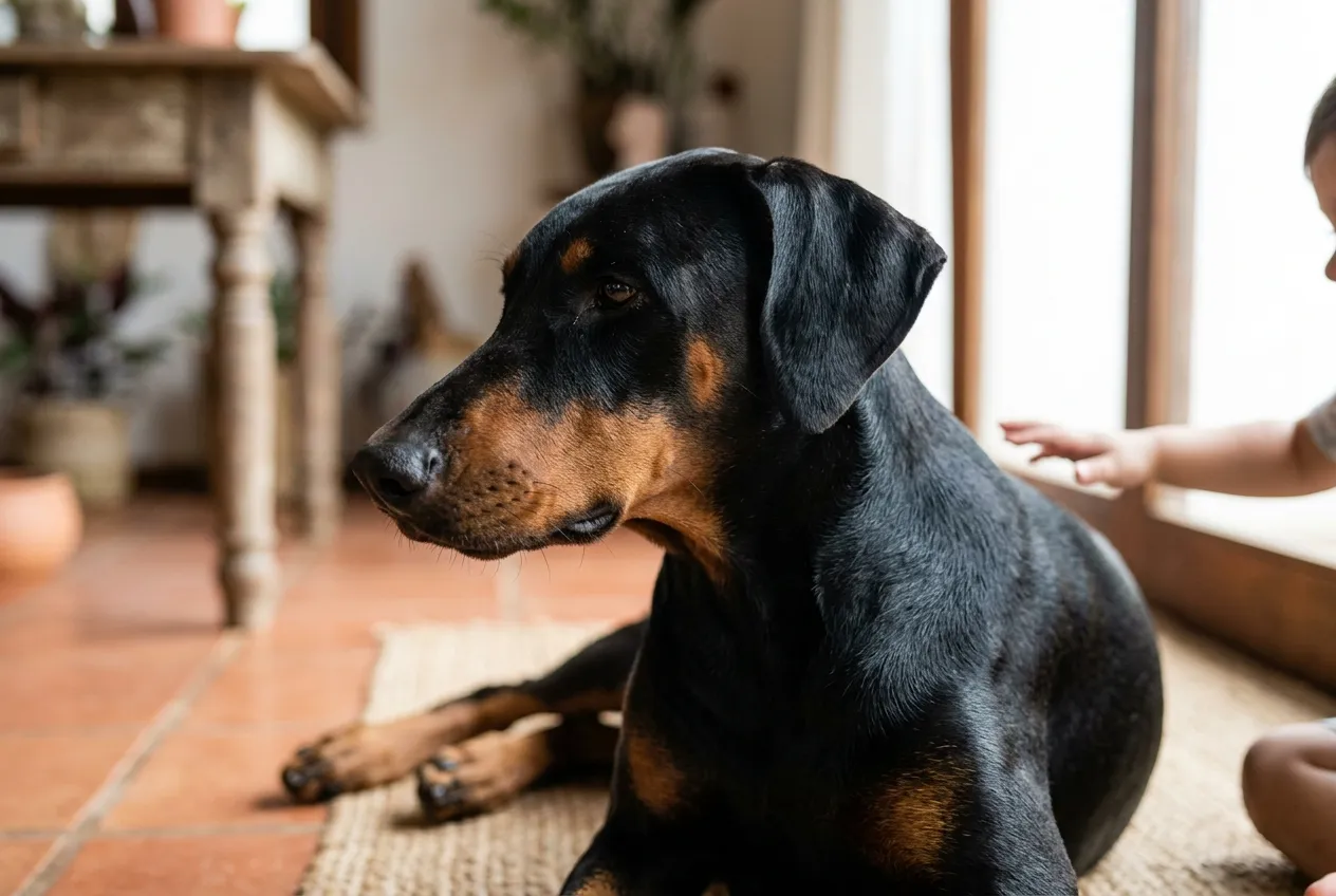Natural-eared Doberman turns its head away as a child's hand approaches in a brightly lit room.