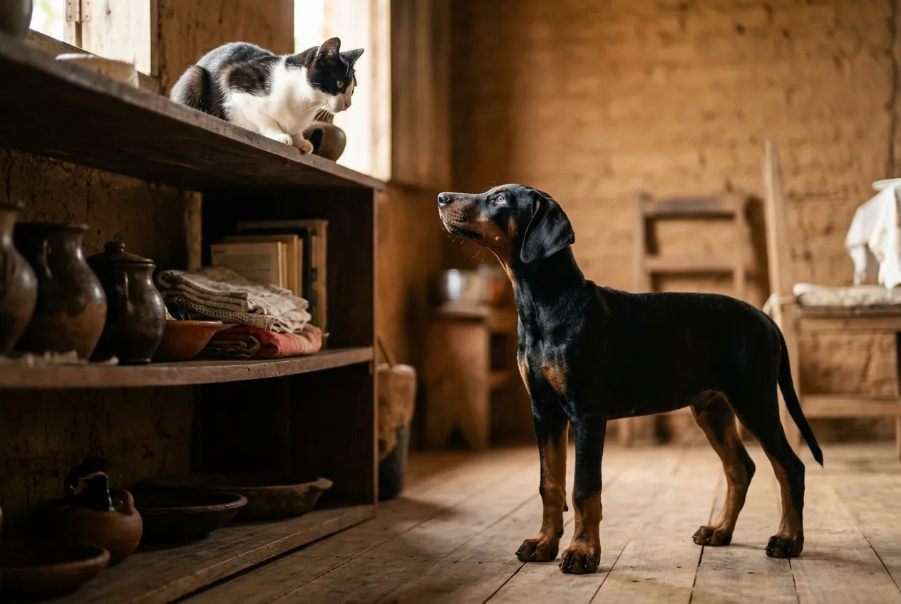 Filhote de Doberman de orelhas naturais olhando para um gato no alto de uma prateleira em uma sala iluminada.