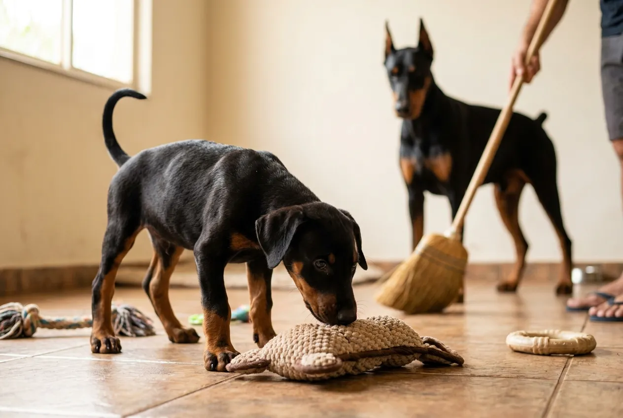 Filhote de Doberman de orelhas naturais no chão de uma sala bem iluminada perto das pernas desfocadas de uma pessoa.