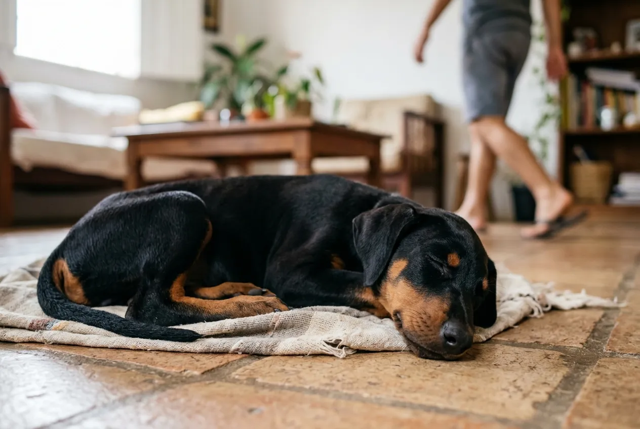 Doberman puppy with natural ears lying on the floor of a sunlit living room.