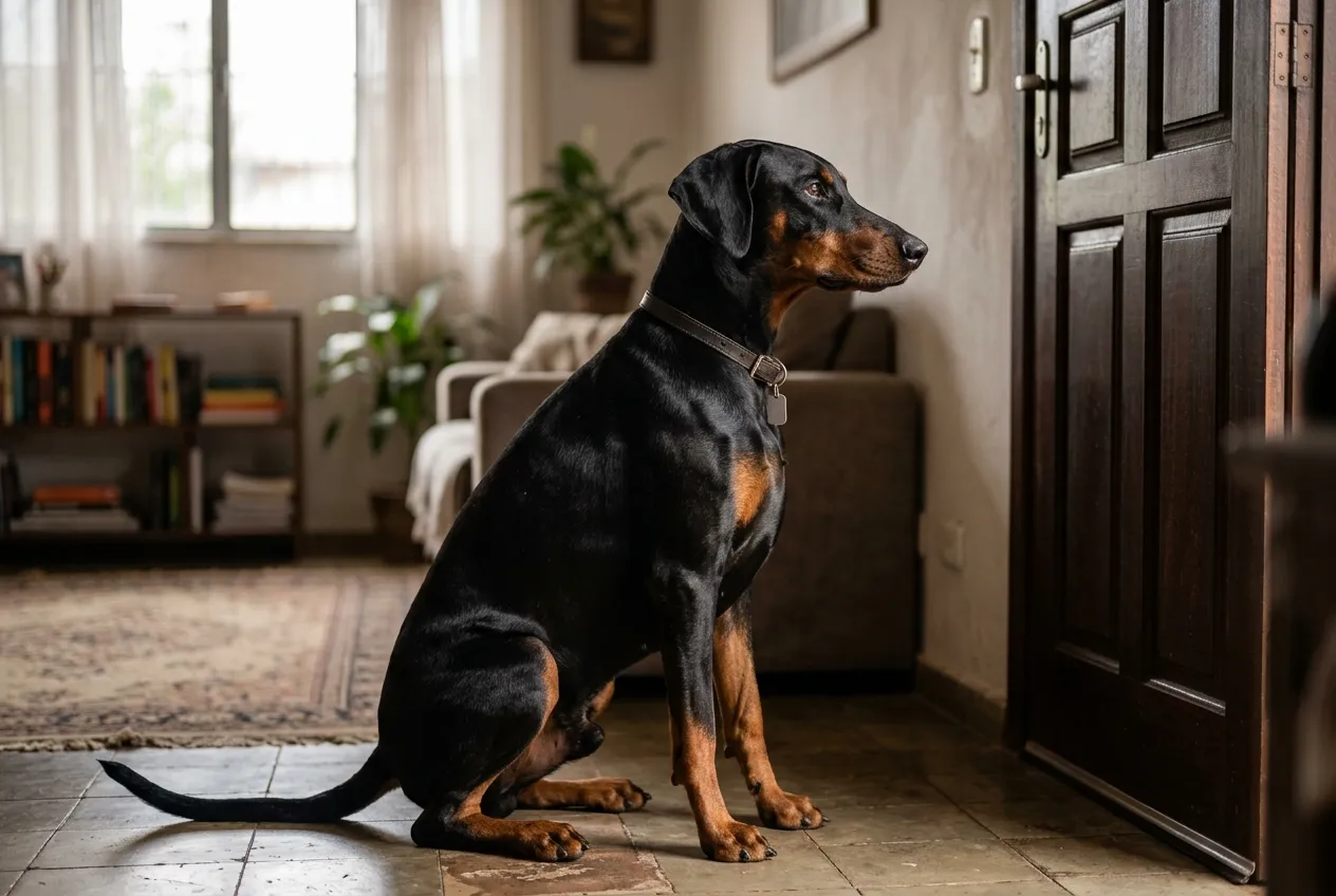Doberman with natural ears sitting alone in a living room, looking towards the closed front door.