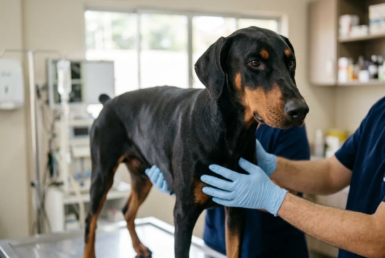 Veterinario examinando el pecho de un Doberman con orejas naturales en una clínica bien iluminada.