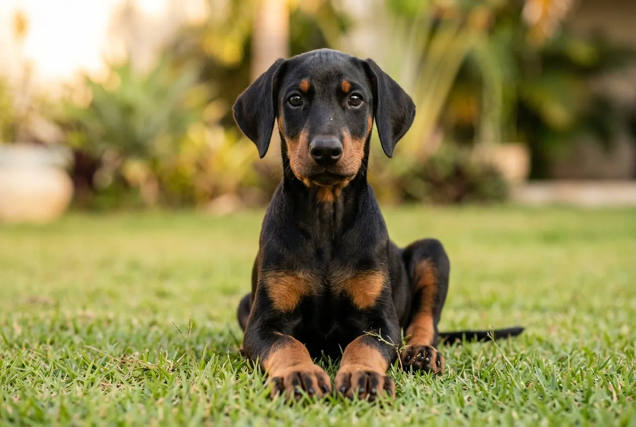 Cachorro de Doberman de orejas naturales sentado en el césped al atardecer, mirando a la cámara