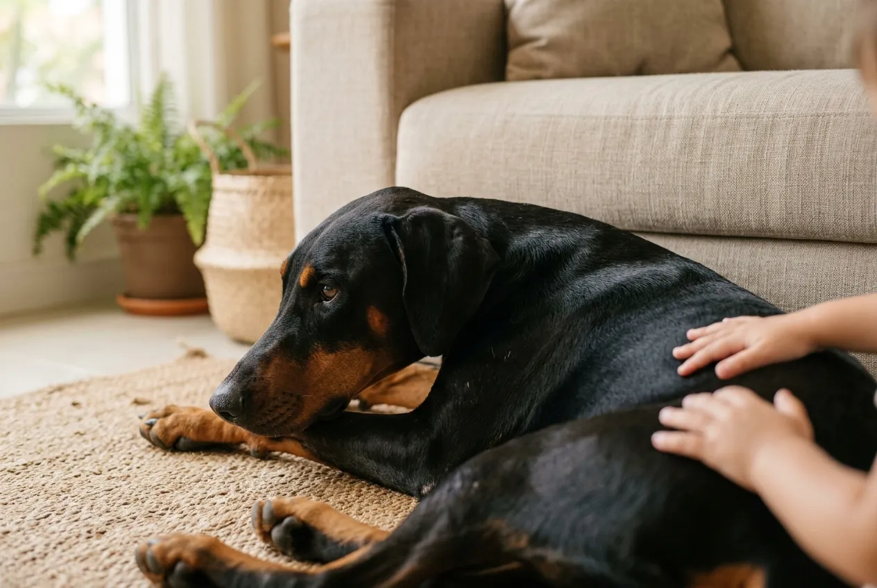 Doberman de orejas naturales acostado en la sala mientras las manos desenfocadas de un niño lo acarician suavemente.