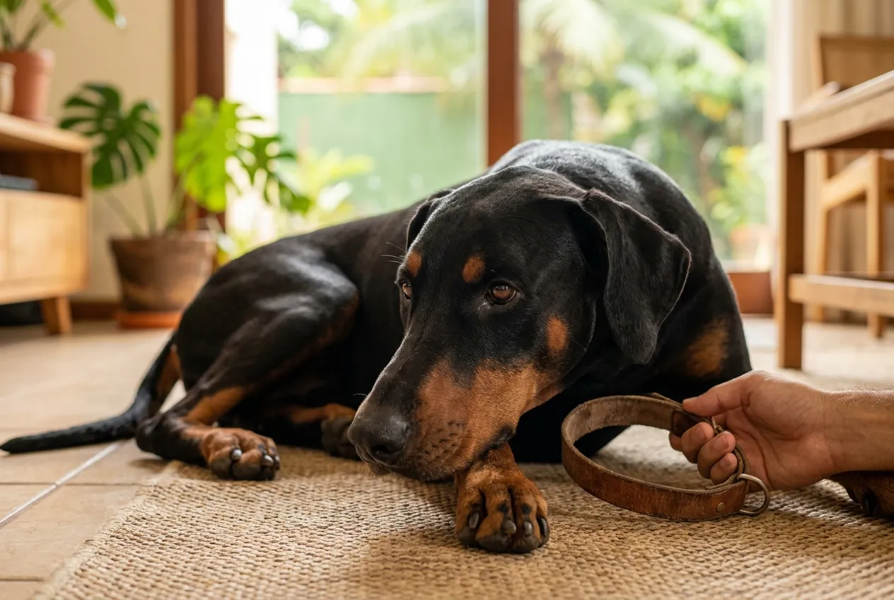 Male Doberman with natural ears lying on the floor in a sunlit living room.