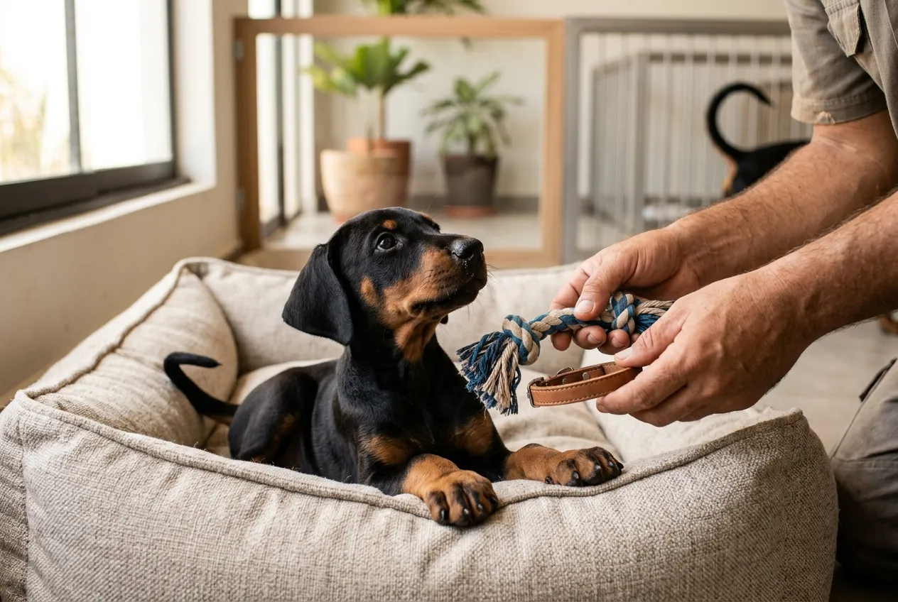 Hands hold a toy near a Doberman puppy with natural ears and tail resting on a soft bed.
