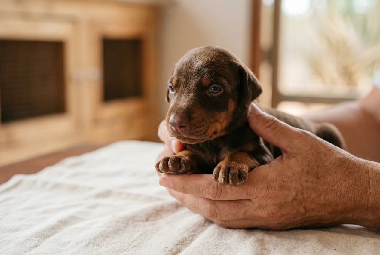Hands holding a newborn brown Doberman puppy, showing its chocolate-colored nose and paw pads.