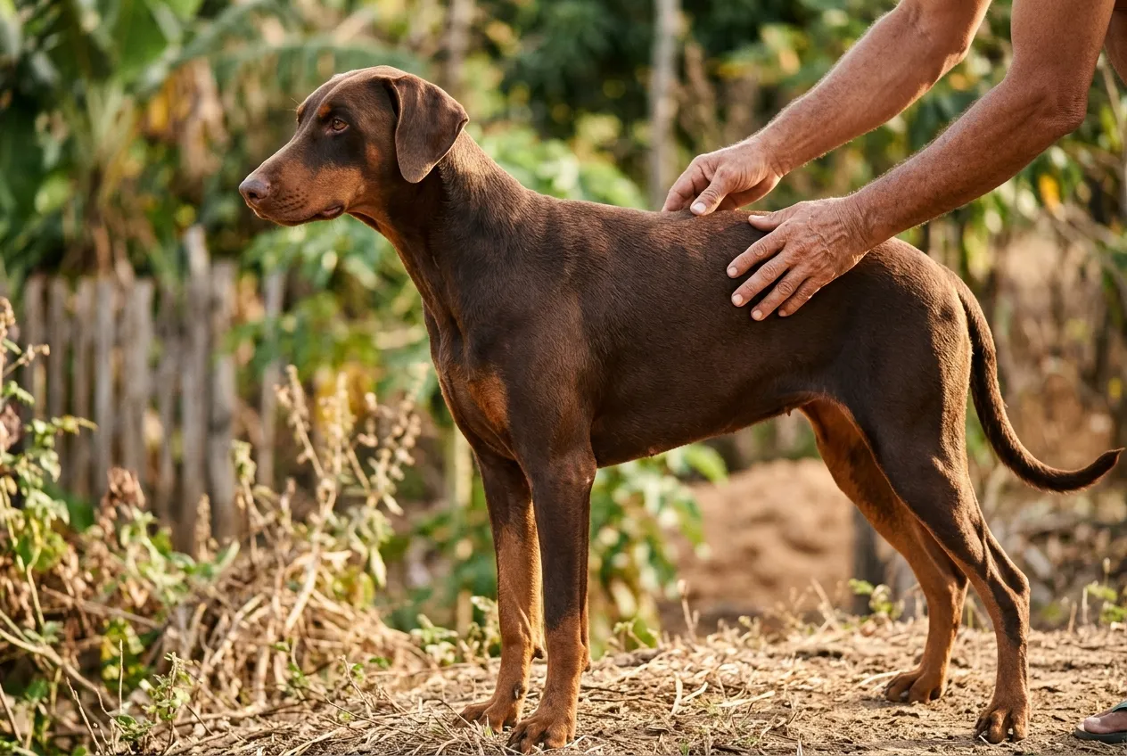 Brown and rust Doberman with natural ears receiving affection on its back in a sunny yard.