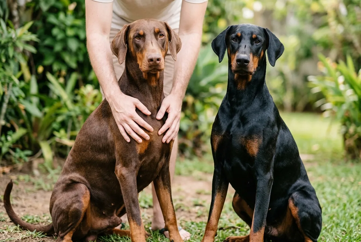 Brown and tan Doberman and black and tan Doberman, both with natural ears, sitting in a sunny garden.