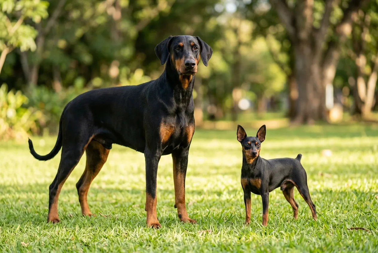 A large Doberman with natural ears standing next to a much smaller Miniature Pinscher on a lawn.