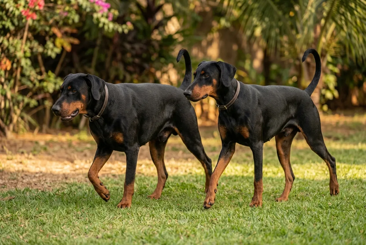 Two natural-eared Dobermans on a lawn, one robust European type and one sleeker American type.
