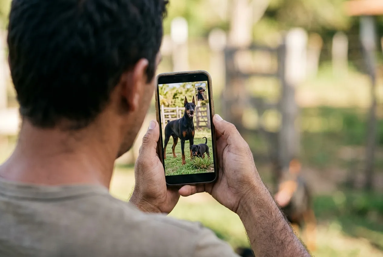 Person holding a phone in a video call showing an adult Doberman and a puppy on a lawn.