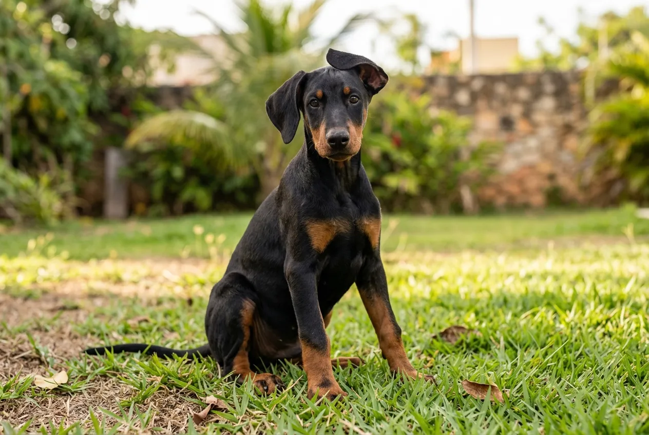 Cachorro Doberman con orejas naturales caídas, una levemente erguida de forma asimétrica en el césped.