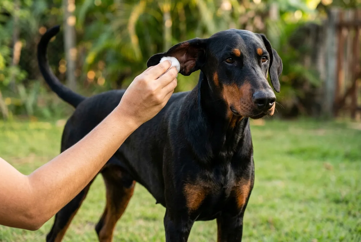 Doberman de orejas naturales en el césped mientras una mano limpia suavemente la parte interna de su oreja con algodón.