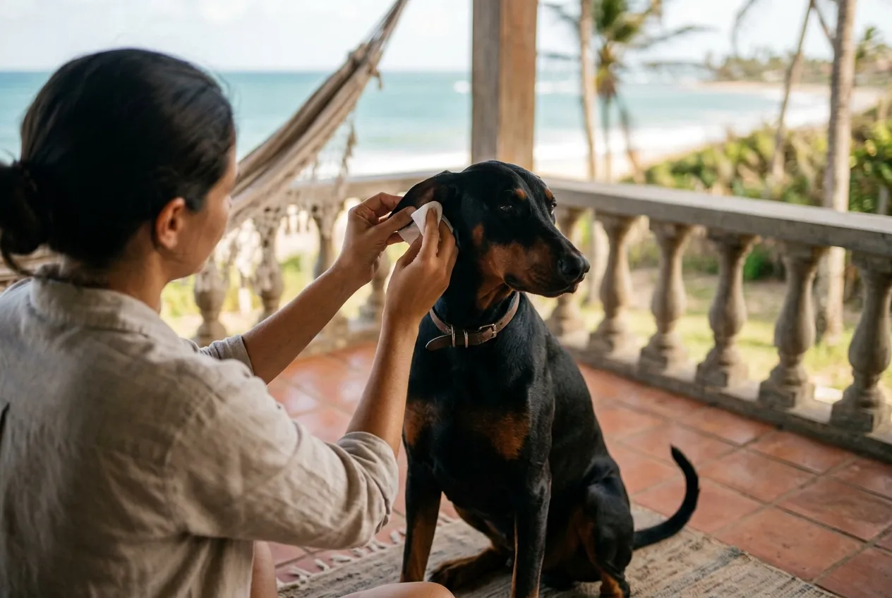 Persona secando la parte interna de la oreja natural de un Doberman con una gasa seca en la playa.