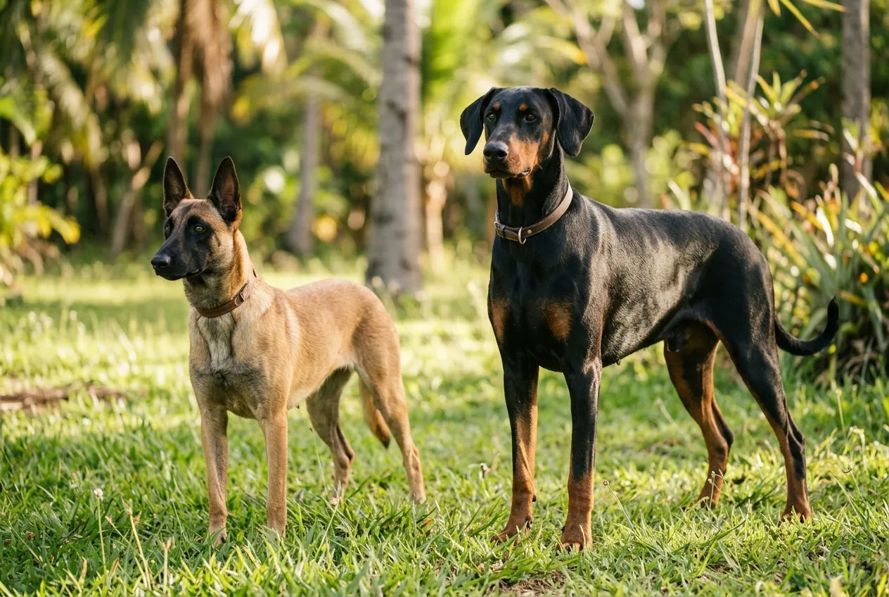 Um Doberman de orelhas naturais e um Pastor Belga Malinois lado a lado em um gramado verde ao ar livre.