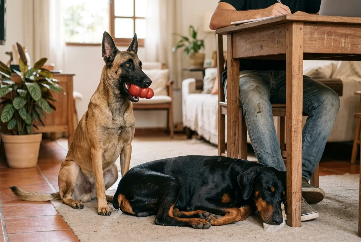 Doberman deitado nos pés de uma pessoa na sala enquanto um Pastor Belga Malinois ao lado segura um brinquedo.