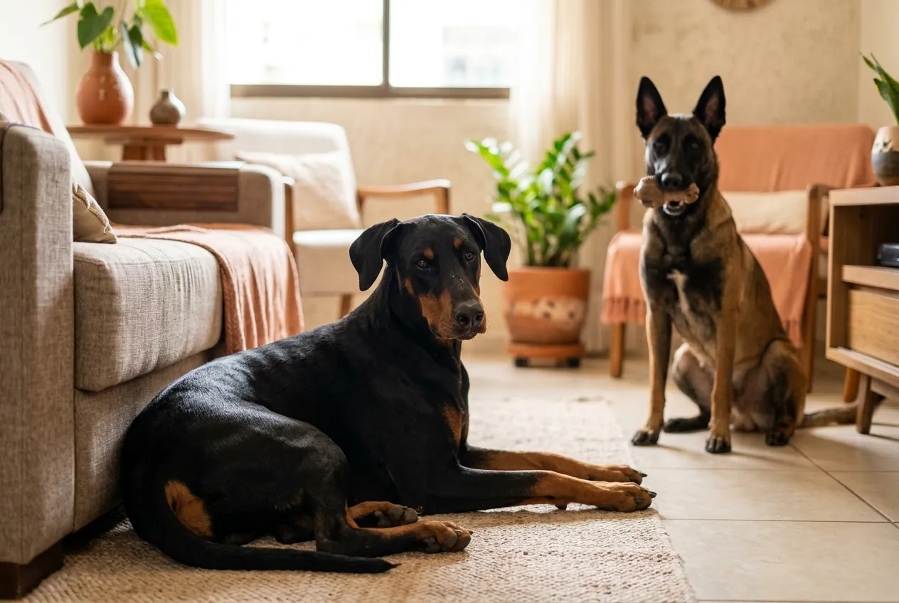 Doberman de orelhas naturais descansando na sala enquanto um Pastor Belga Malinois em pé segura um brinquedo.