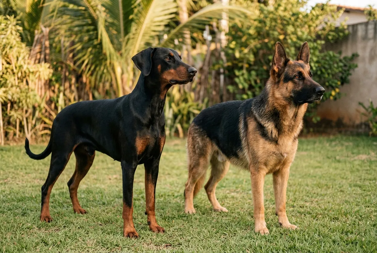 Natural-eared Doberman and German Shepherd side by side on alert in a sunny yard.