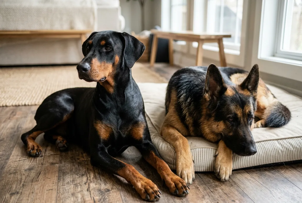 Natural-eared Doberman and German Shepherd lying together in a well-lit living room.
