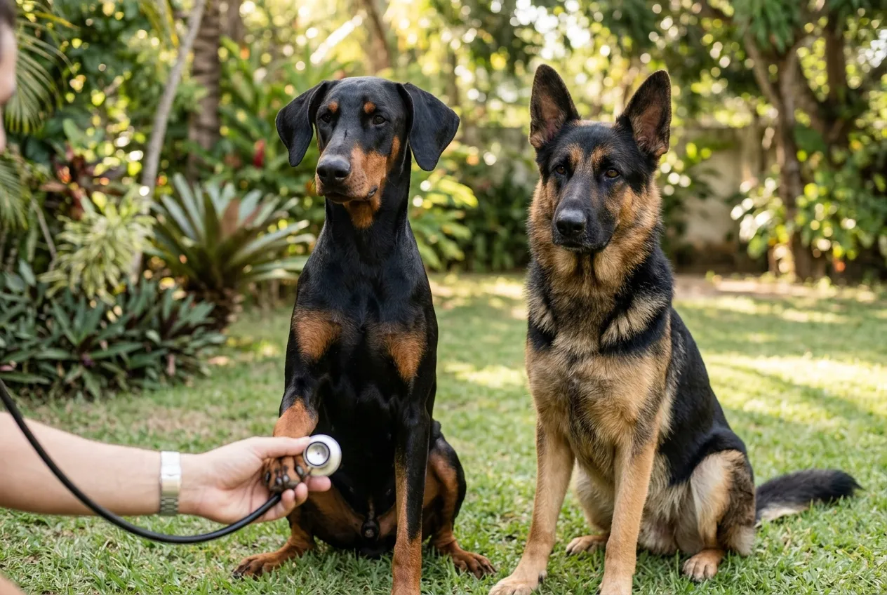 Doberman with natural ears and German Shepherd sitting on the lawn while a hand holds a stethoscope.