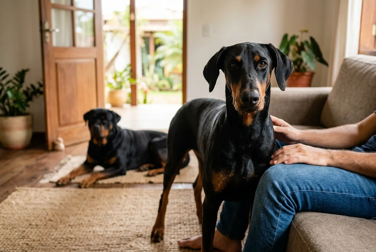Doberman leaning next to its owner on the couch and Rottweiler lying on a rug watching near the room door.
