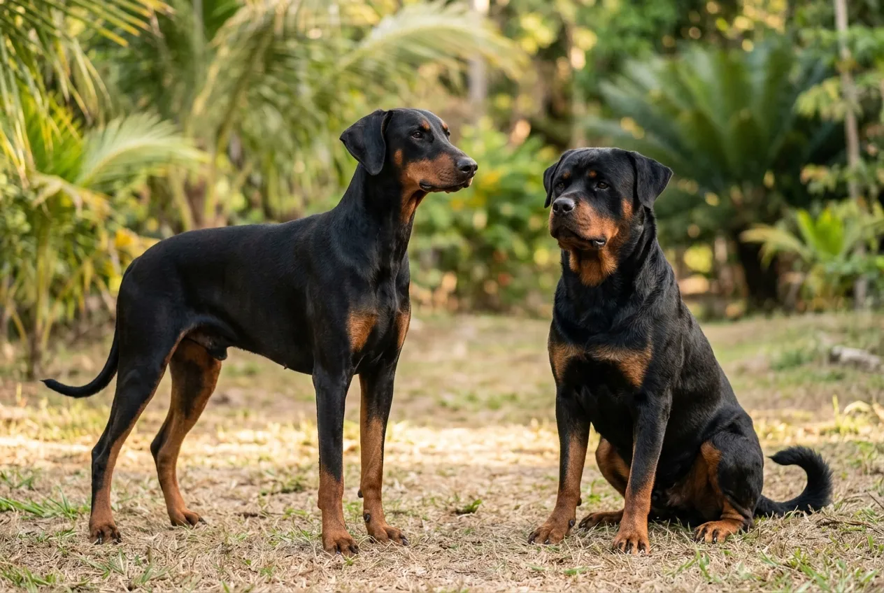 Doberman and Rottweiler side by side on a sunny lawn, both with natural floppy ears and long tails.