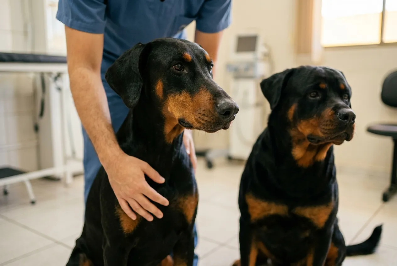 Natural-eared Doberman and Rottweiler side by side in a bright veterinary clinic, receiving gentle pets on their backs.