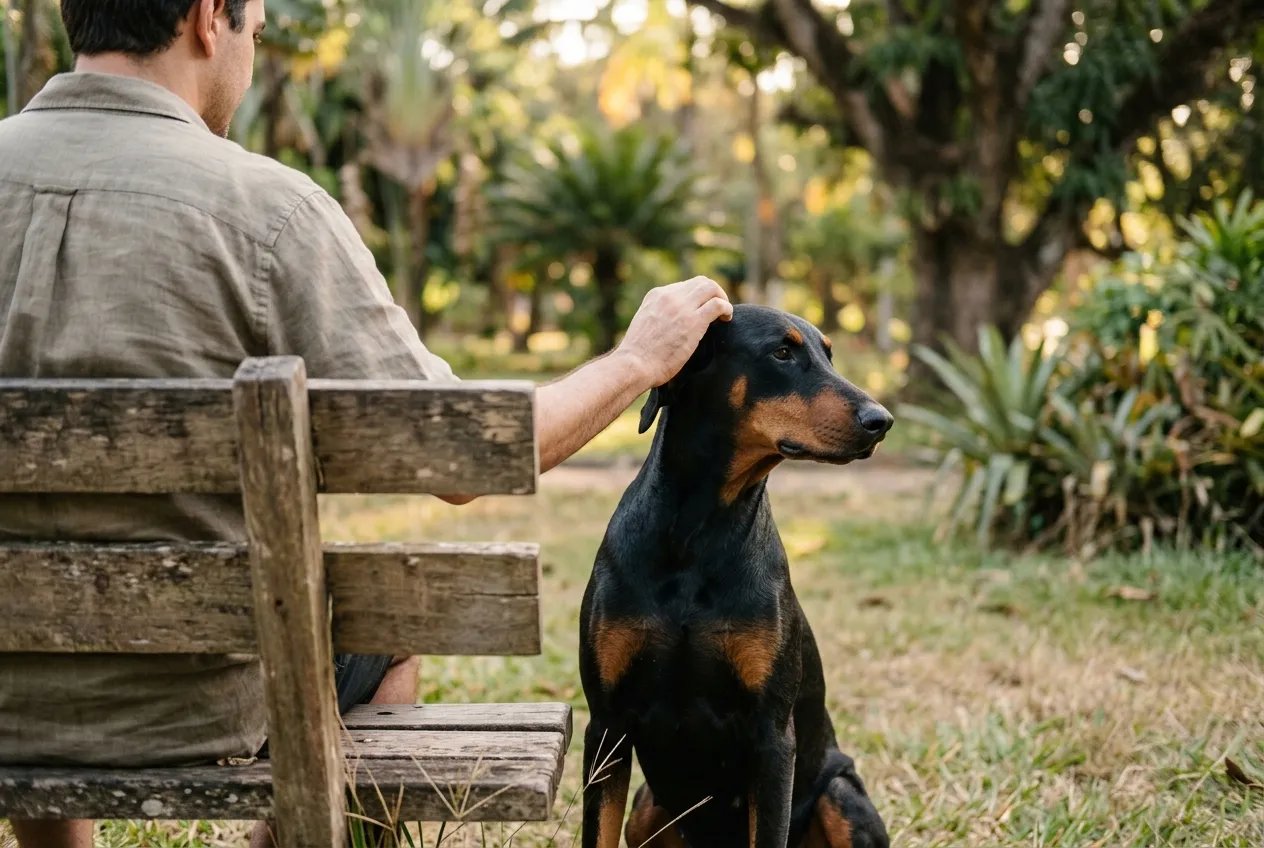 Person with their back turned in a park petting an adult Doberman with natural ears sitting beside them.