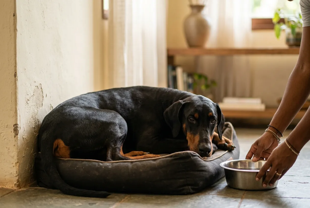 Natural-eared Doberman lying in a cozy dog bed in the corner of a room, next to food and water bowls.