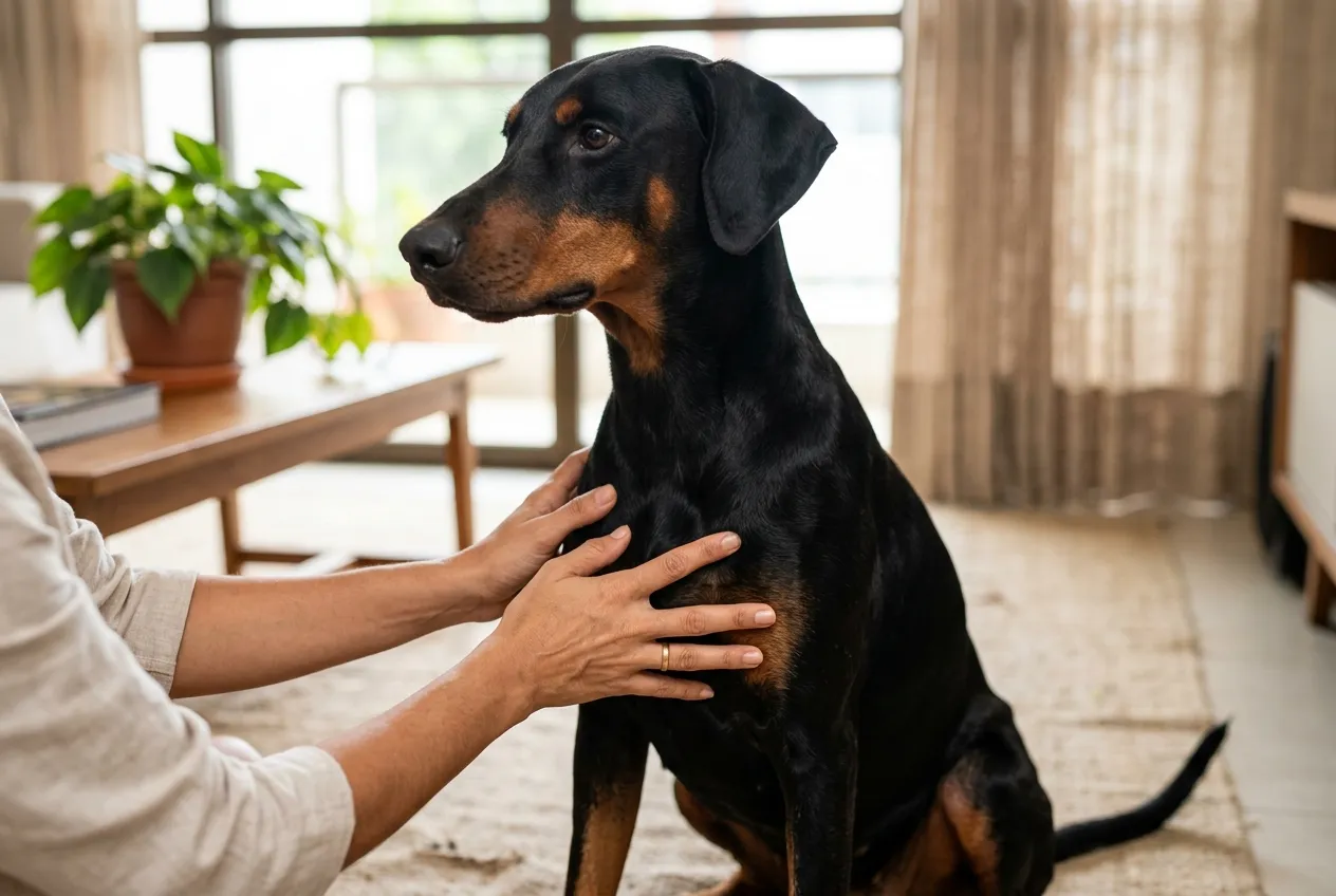 Manos de una persona acariciando el pecho de un Doberman con orejas naturales sentado en una sala bien iluminada.
