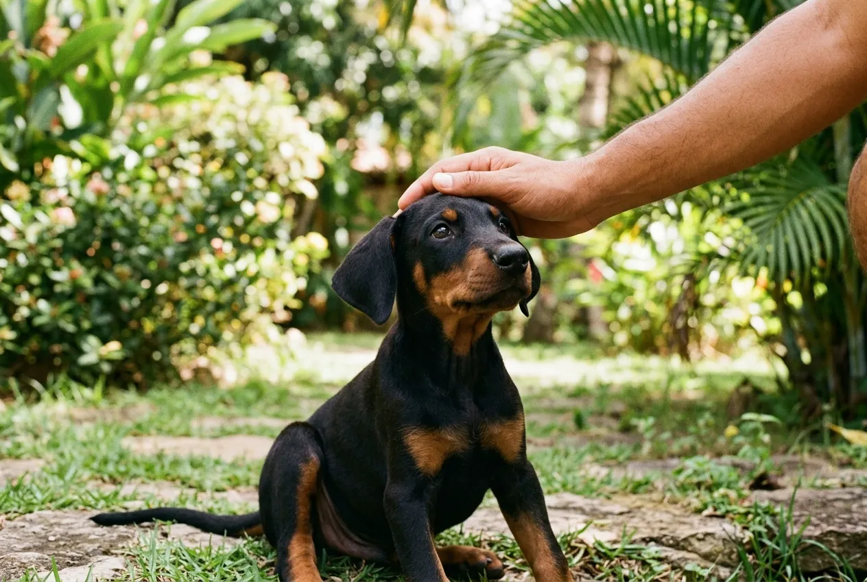 Cachorro Doberman con orejas naturales y cola entera recibiendo caricias en la cabeza en un jardín soleado.